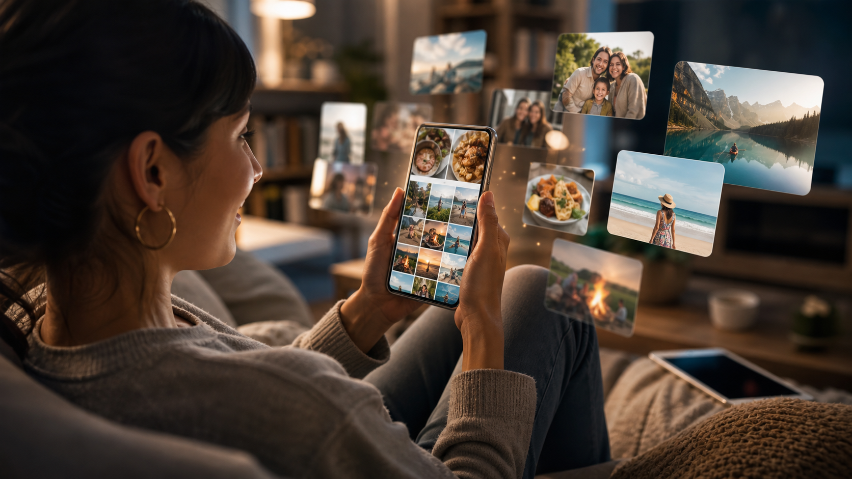 Person browsing a phone while soft blurred memory thumbnails float above the screen