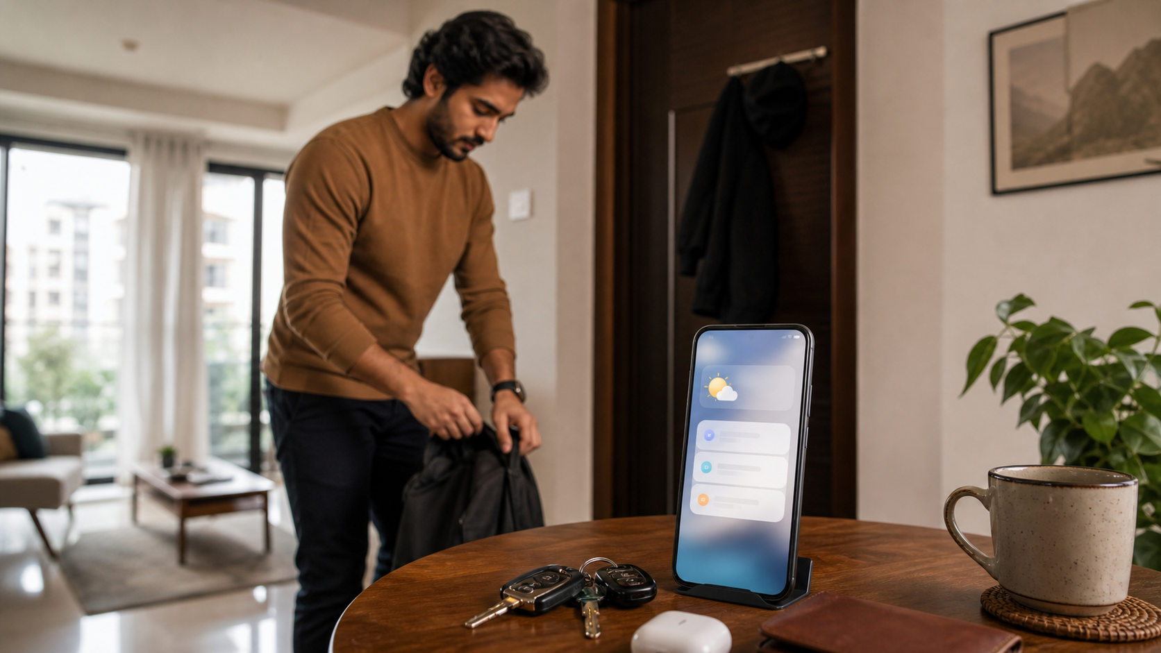 Young professional packing a bag while a smartphone suggests abstract daily routine cards