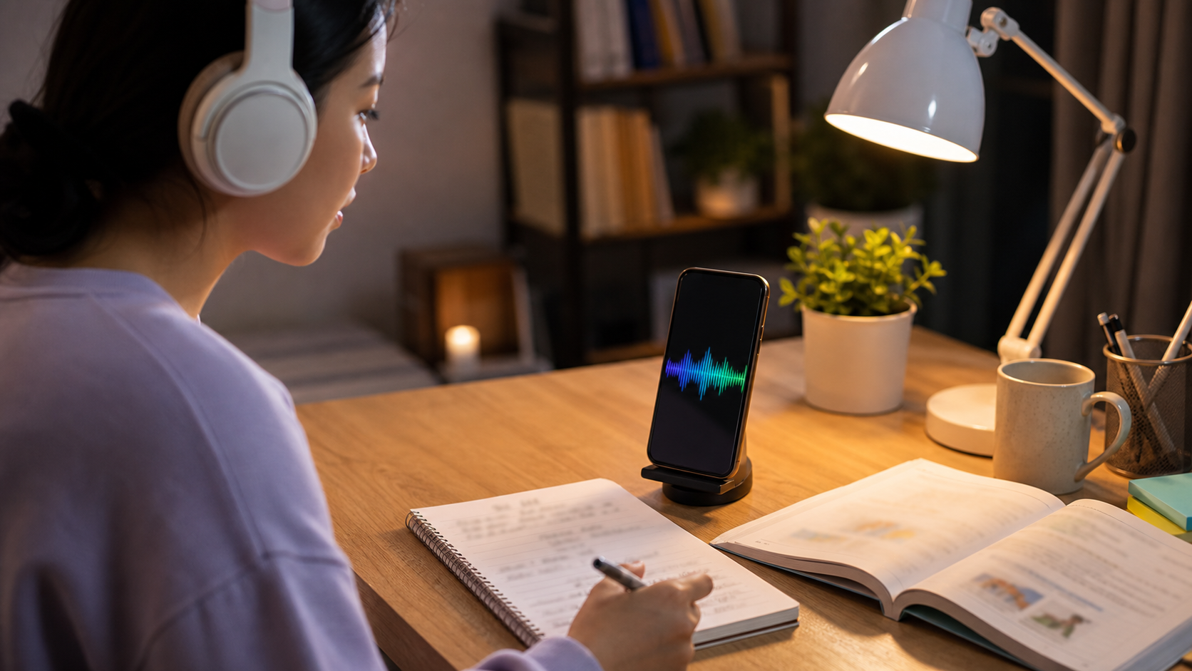 Person using a voice-based AI assistant on a smartphone while studying