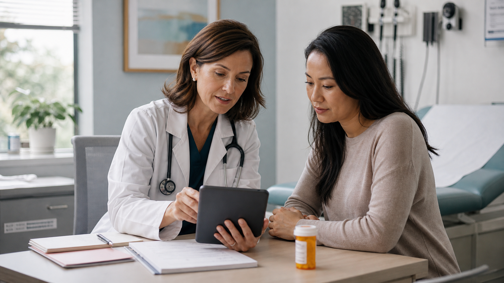 Doctor and patient reviewing health information together on a tablet