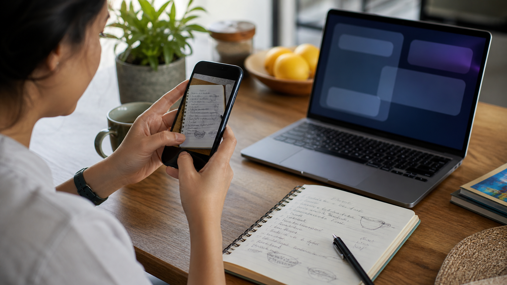 Person photographing a handwritten note as part of an AI assistant workflow