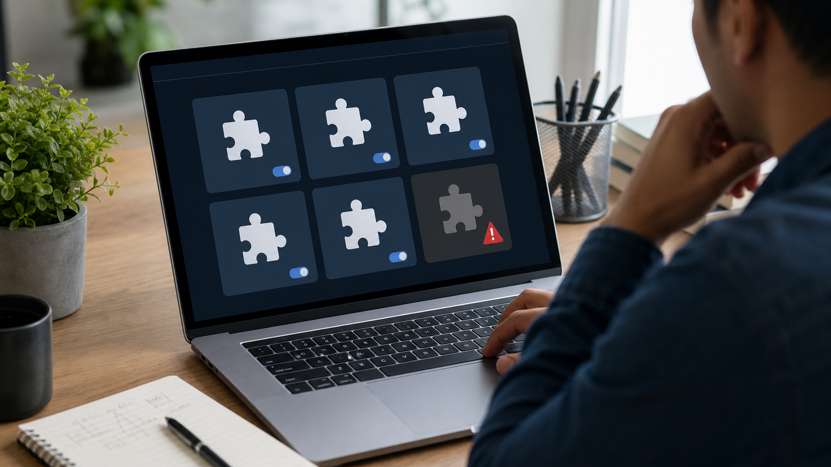 Laptop showing abstract extension tiles with one warning tile and a notebook nearby