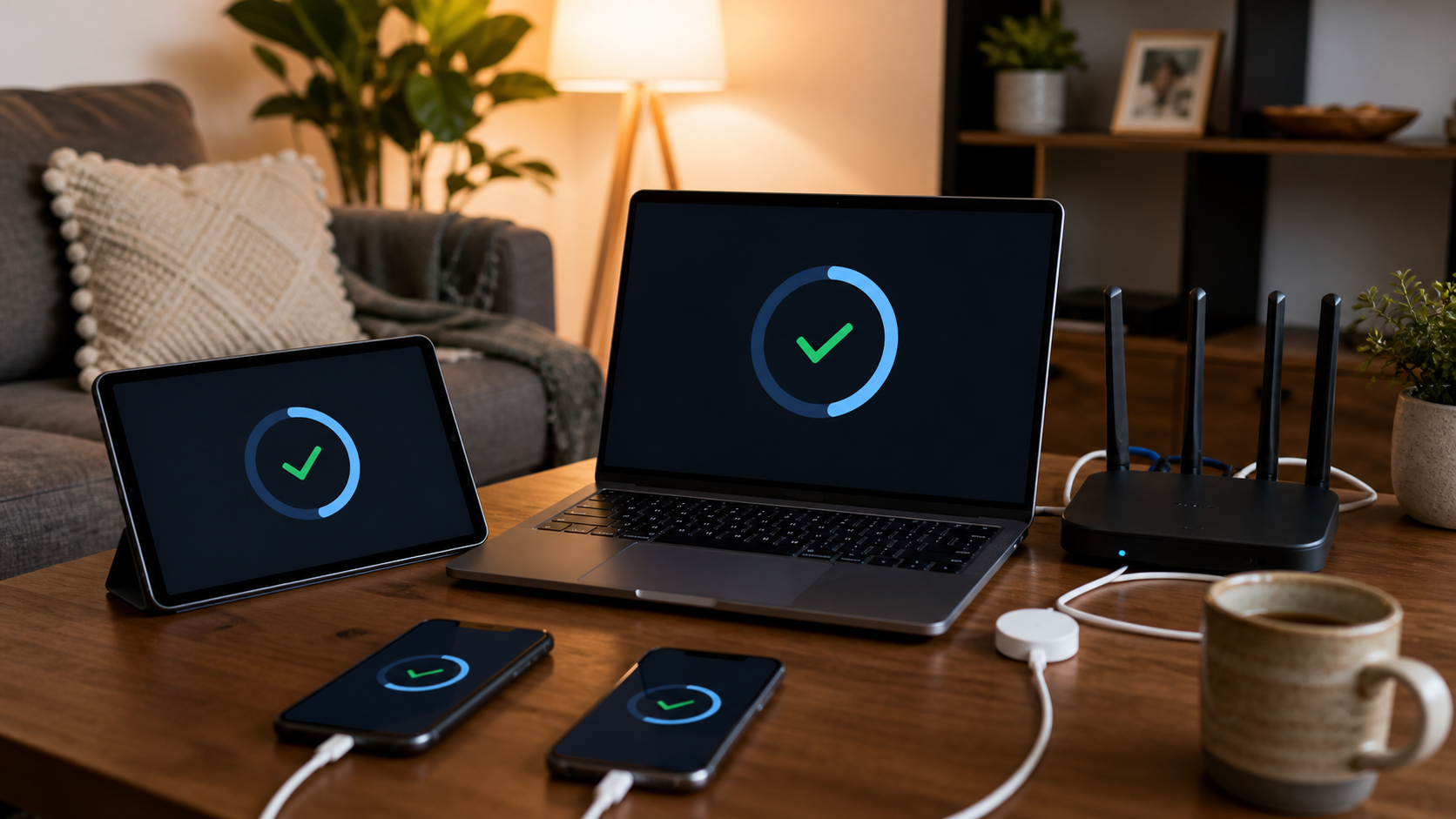 Family living room table with laptop, tablet, phones, and abstract update rings