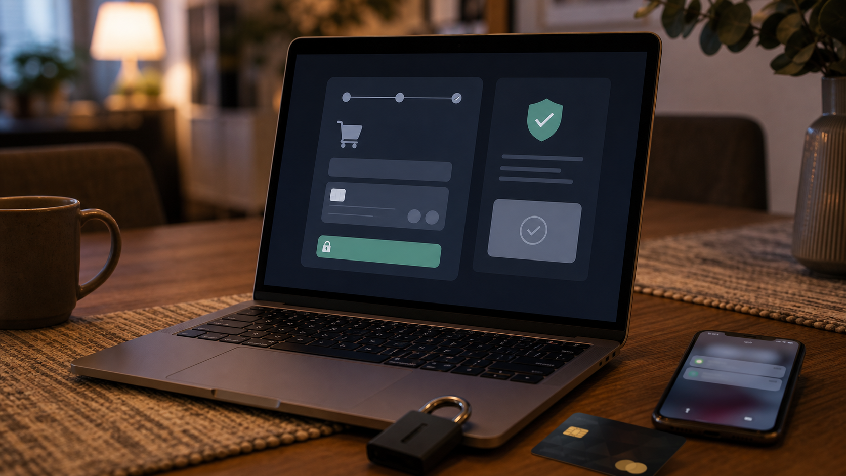Laptop with abstract secure checkout screen, bank card without numbers, and phone nearby