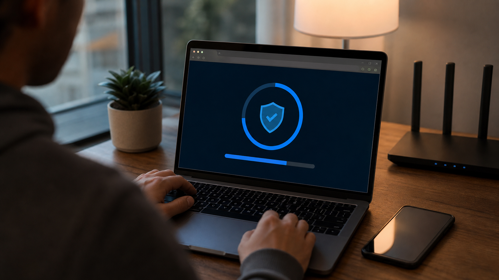 Person updating a laptop browser with abstract security shield and progress ring