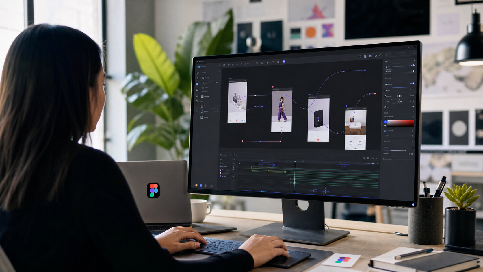 Designer working in a Figma-like interface with a motion timeline and animation paths