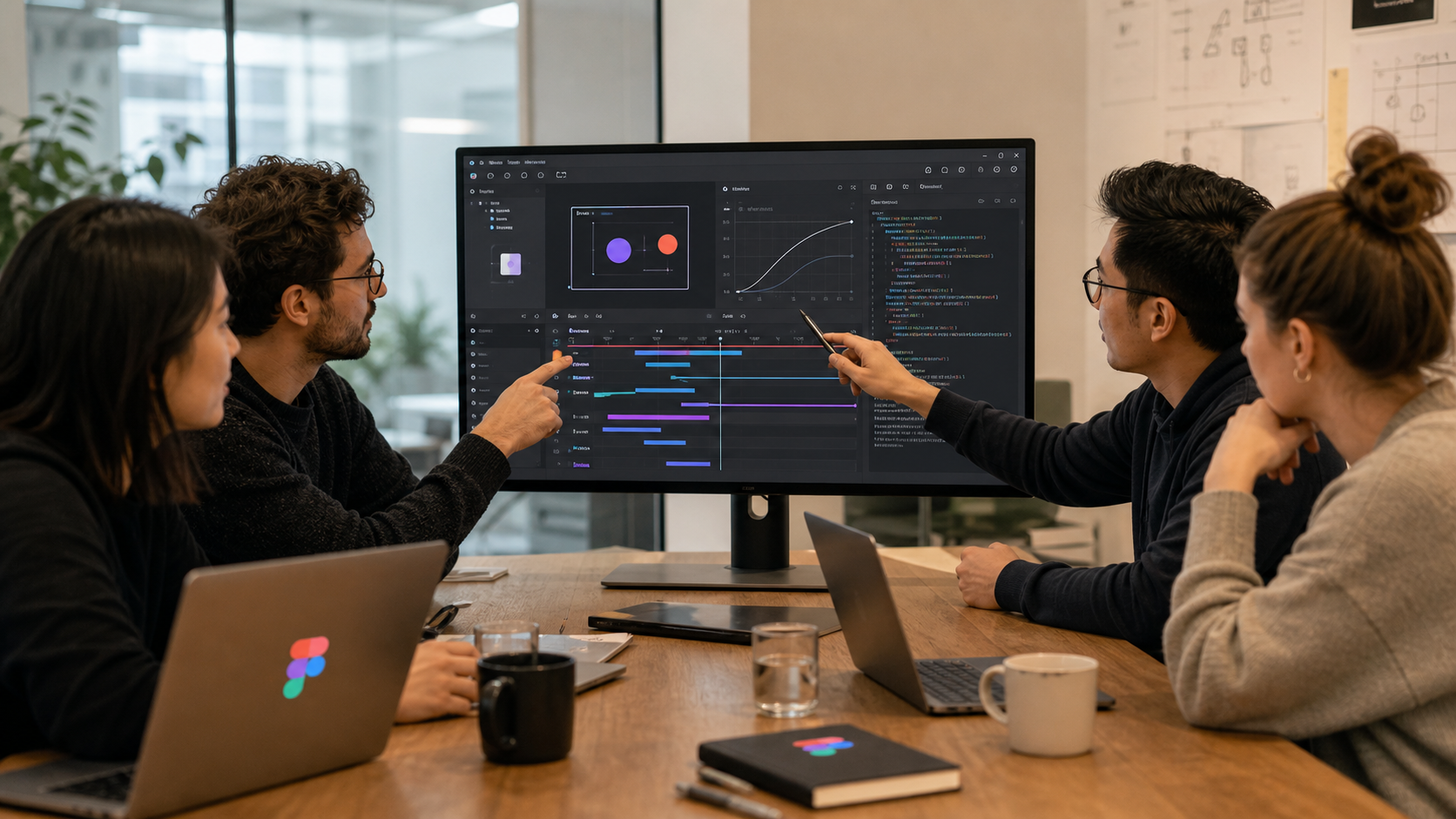 Design and development team reviewing a Figma-like motion timeline together