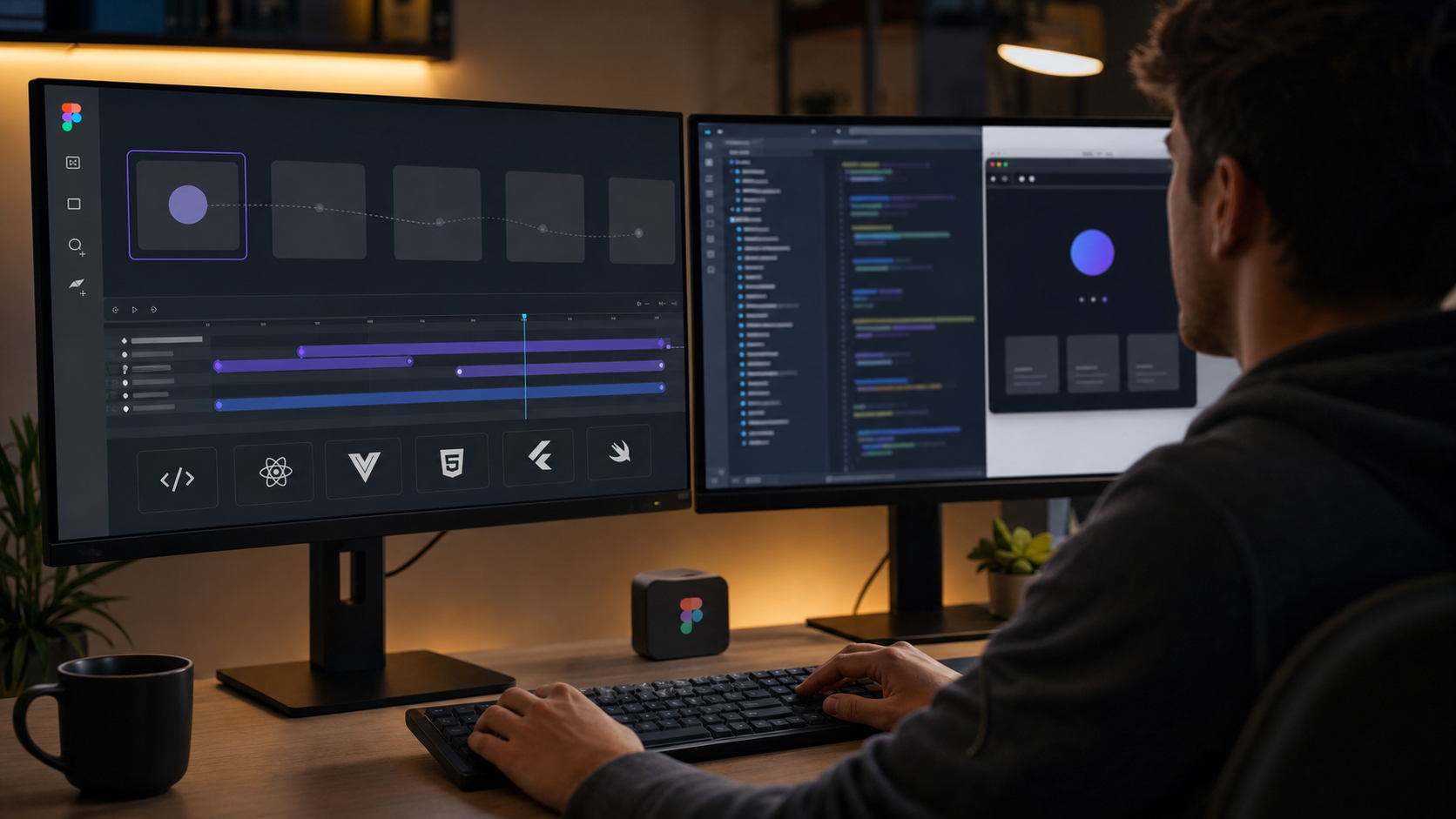 Frontend developer implementing motion from a Figma-like design timeline into a code editor and browser preview