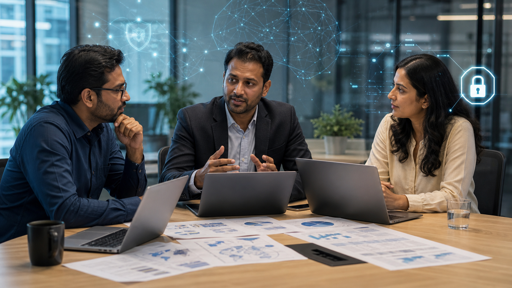 Business team planning AI cyber resilience in a boardroom