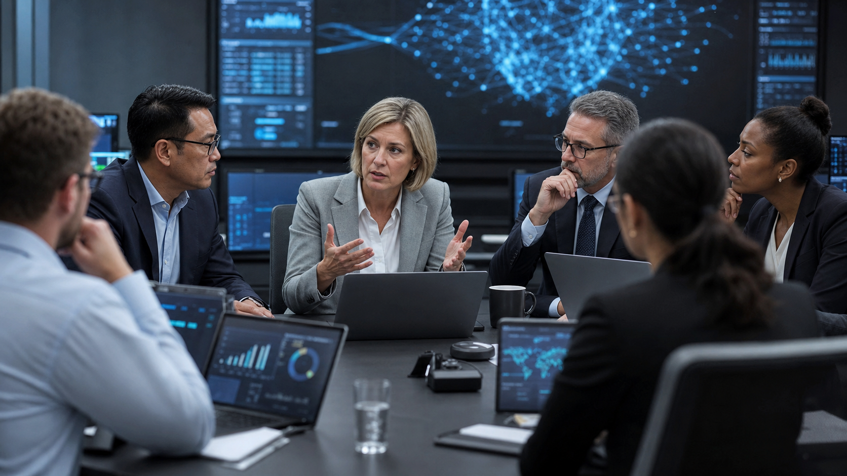 Business leaders and cybersecurity analysts reviewing AI cyber risk in a modern operations room