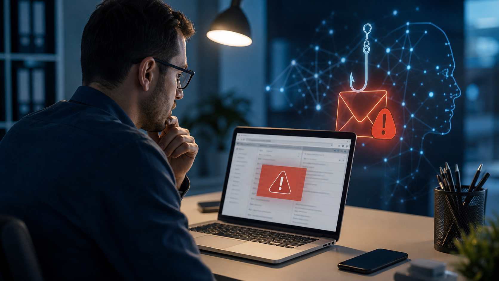 Employee reviewing a suspicious AI-generated phishing email on a laptop