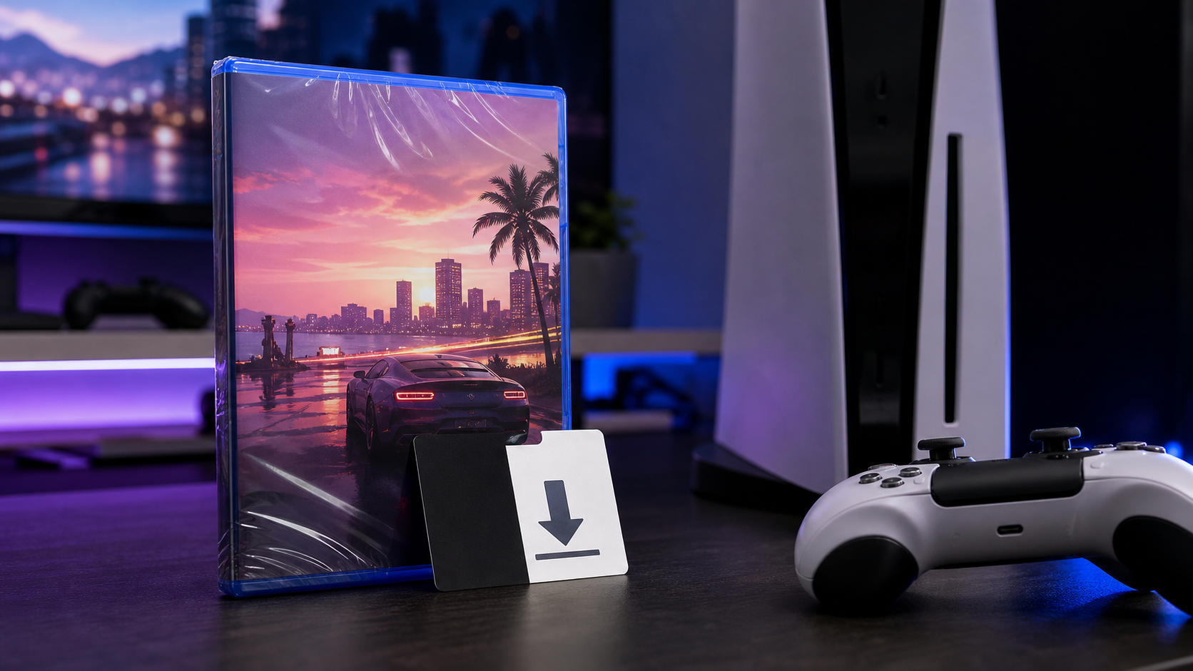 Digital code game box beside a console and download card