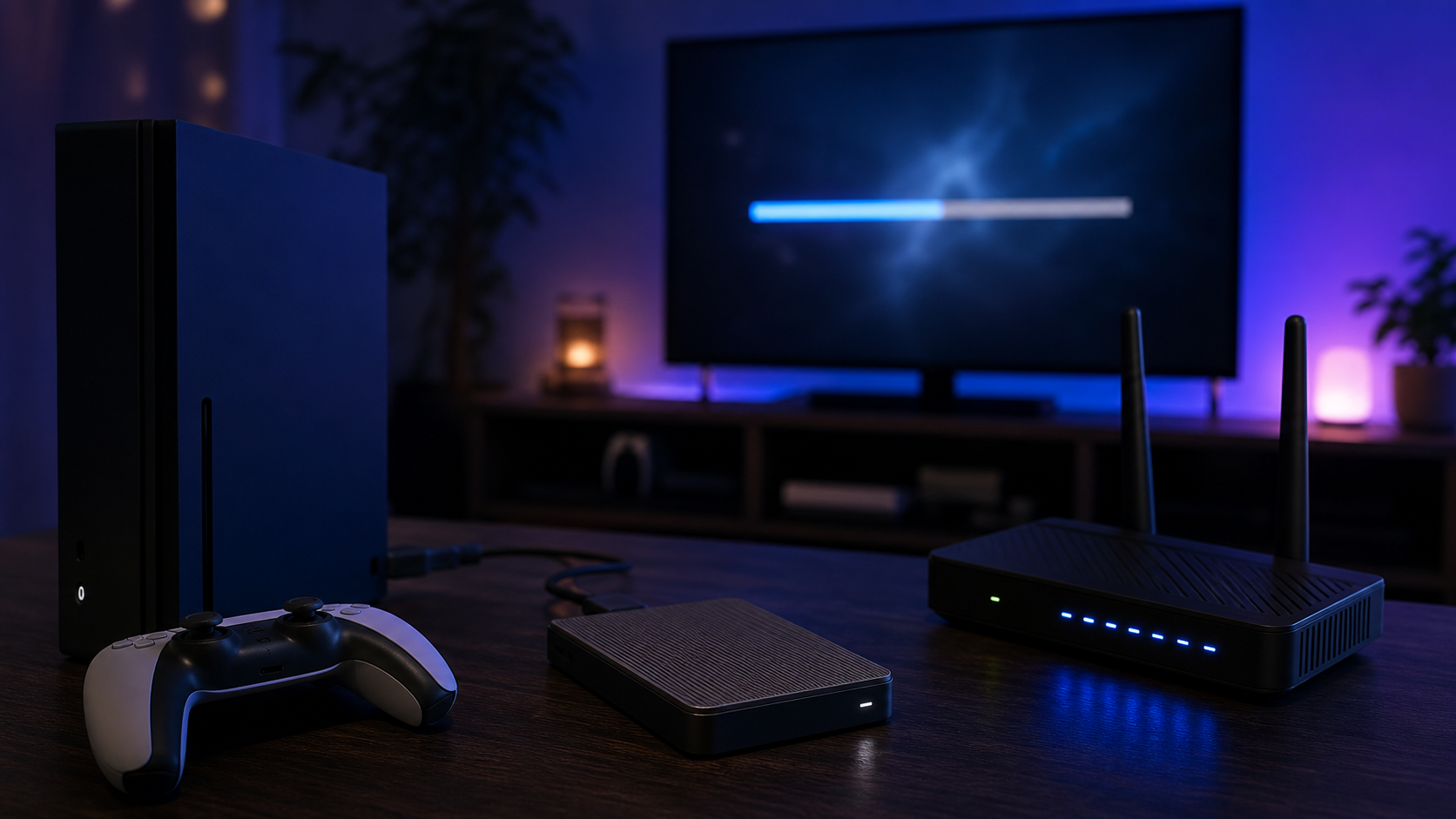 Console, router, and external drive under a large screen for preload planning