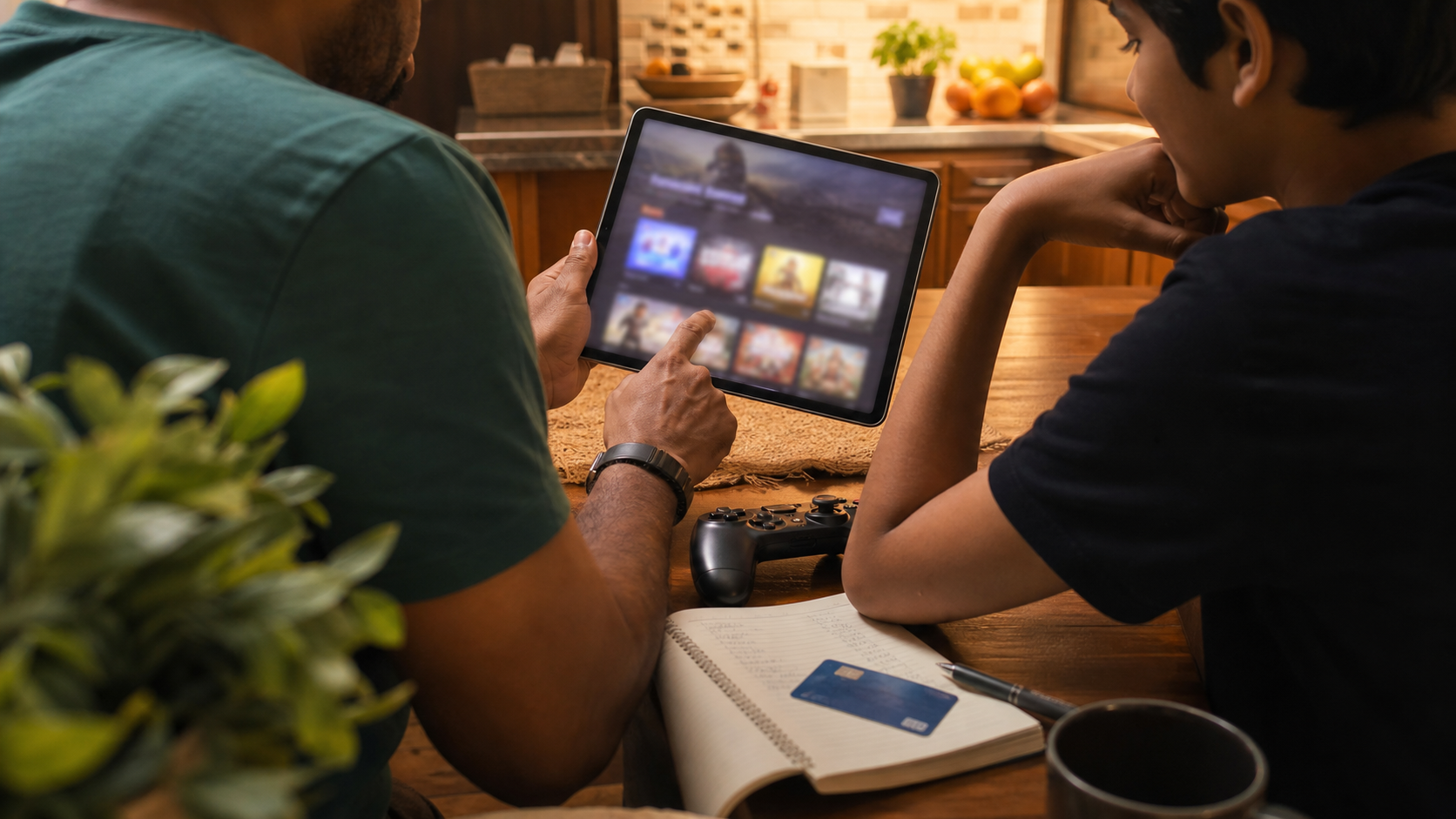 Family reviewing a gaming purchase on a tablet with a controller nearby