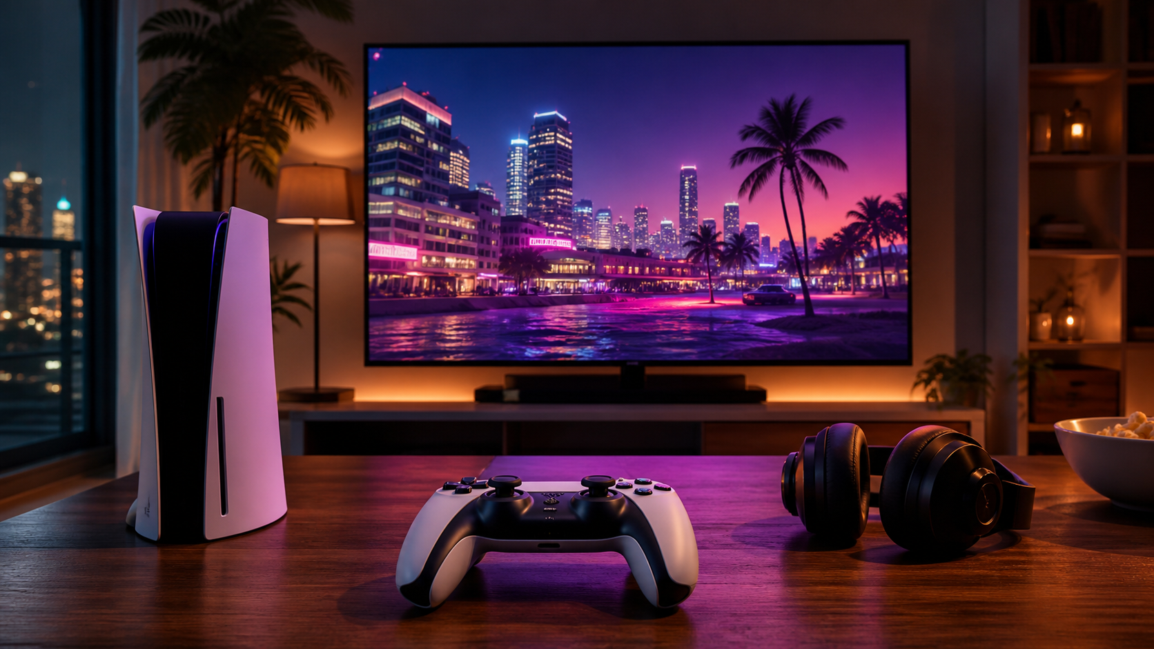 Console gaming setup facing a neon coastal city scene on a large screen