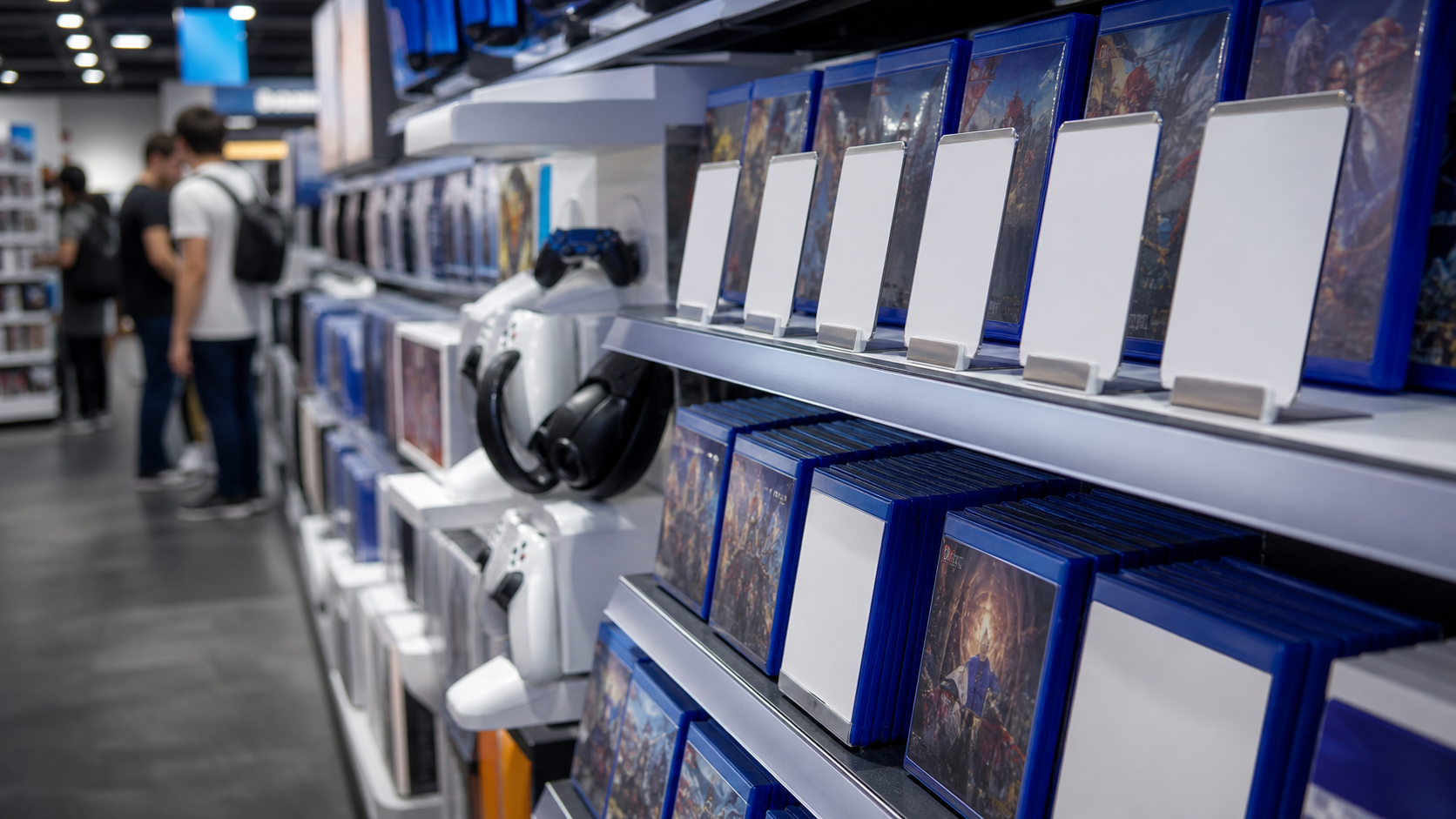 Retail gaming shelf with preorder cards and console boxes