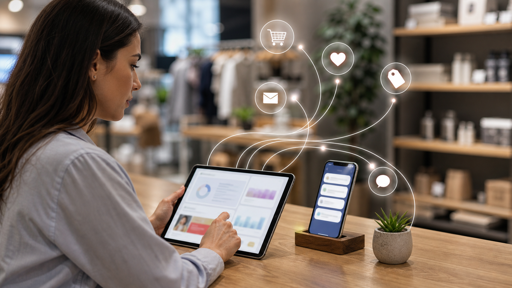 Product manager reviewing individualized AI customer journeys on a tablet