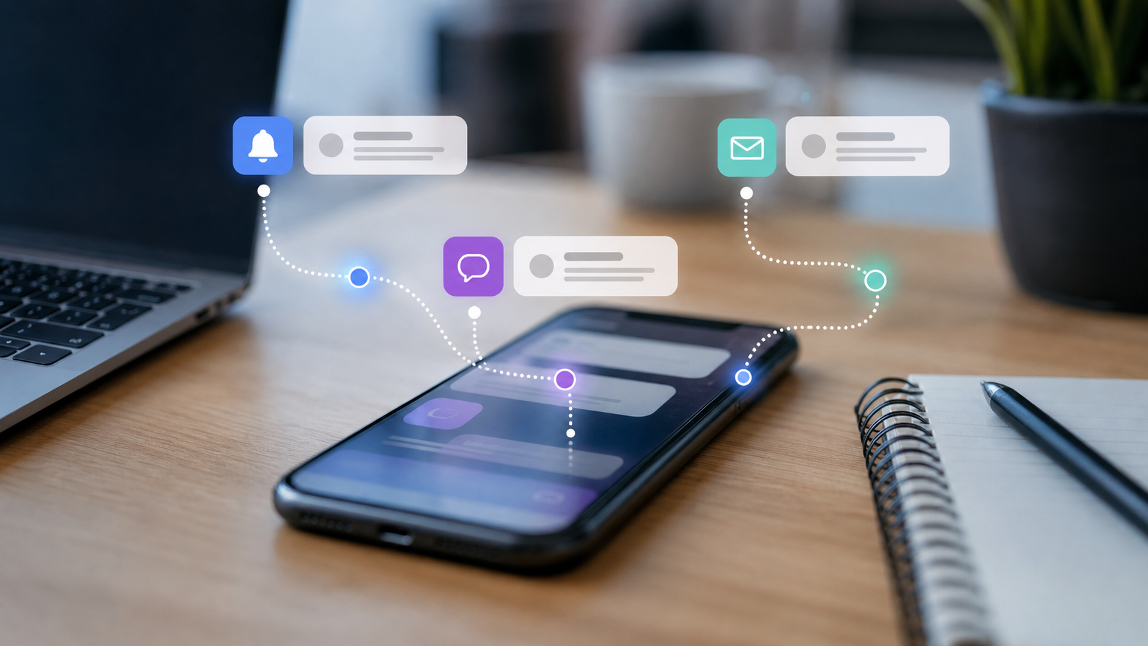 Smartphone and laptop showing abstract mobile engagement paths without readable text