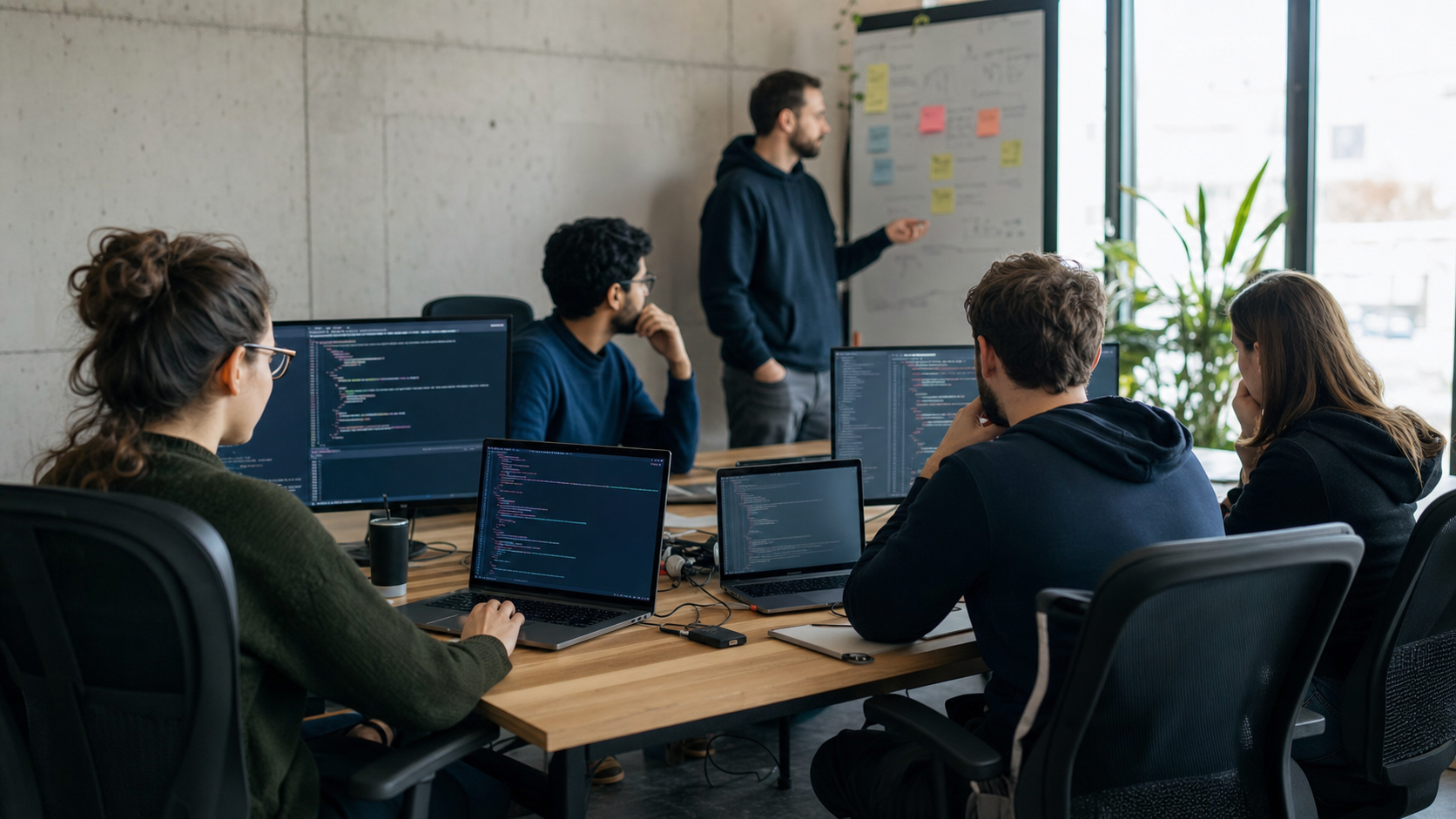 Security engineers reviewing code together during an open-source patch planning session