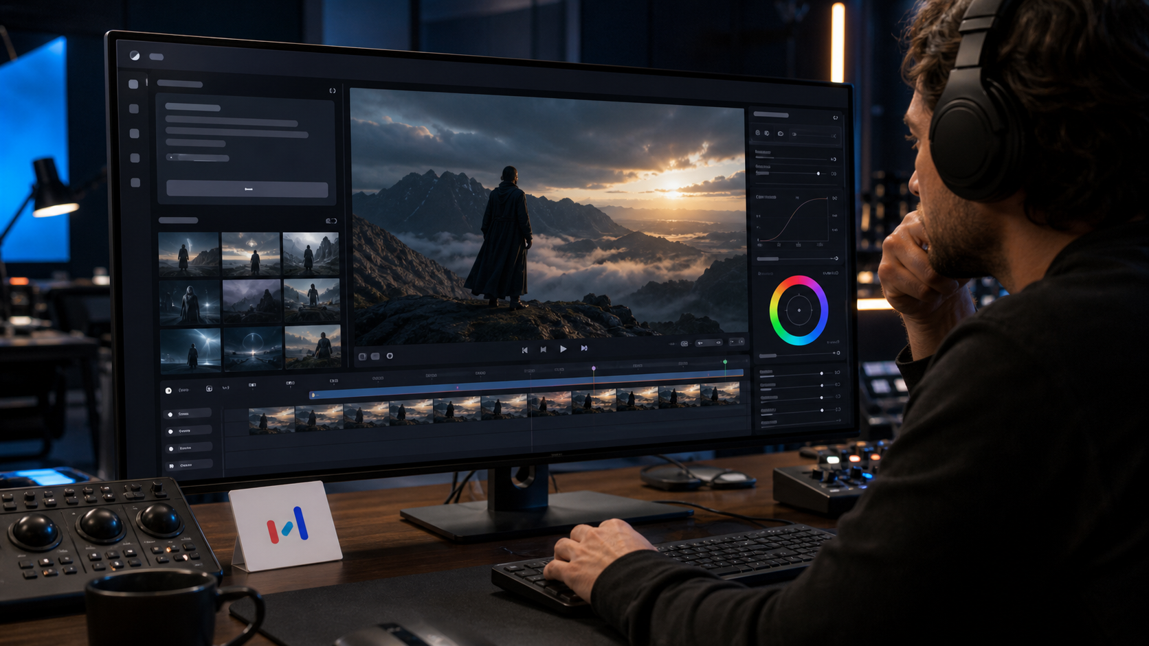 Video editor reviewing cinematic AI-generated footage in a 4K production interface