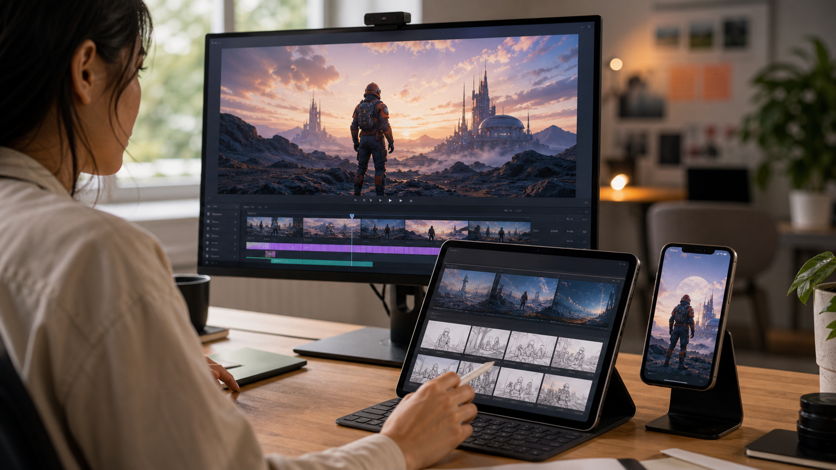 Content strategist comparing 4K landscape and vertical AI video outputs across devices