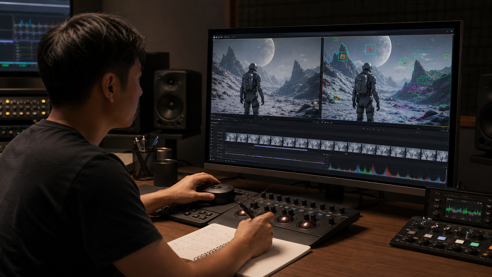 Video editor reviewing AI-generated footage for artifacts, consistency, and production quality