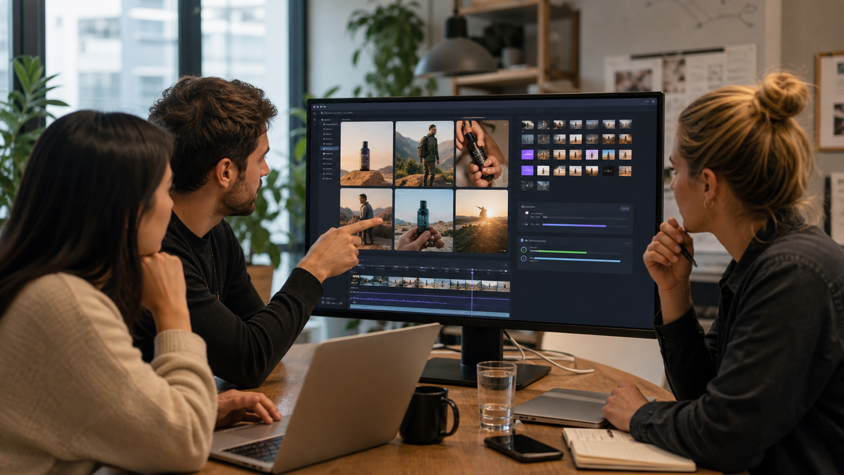 Startup marketing team reviewing AI-generated product video variations for a campaign