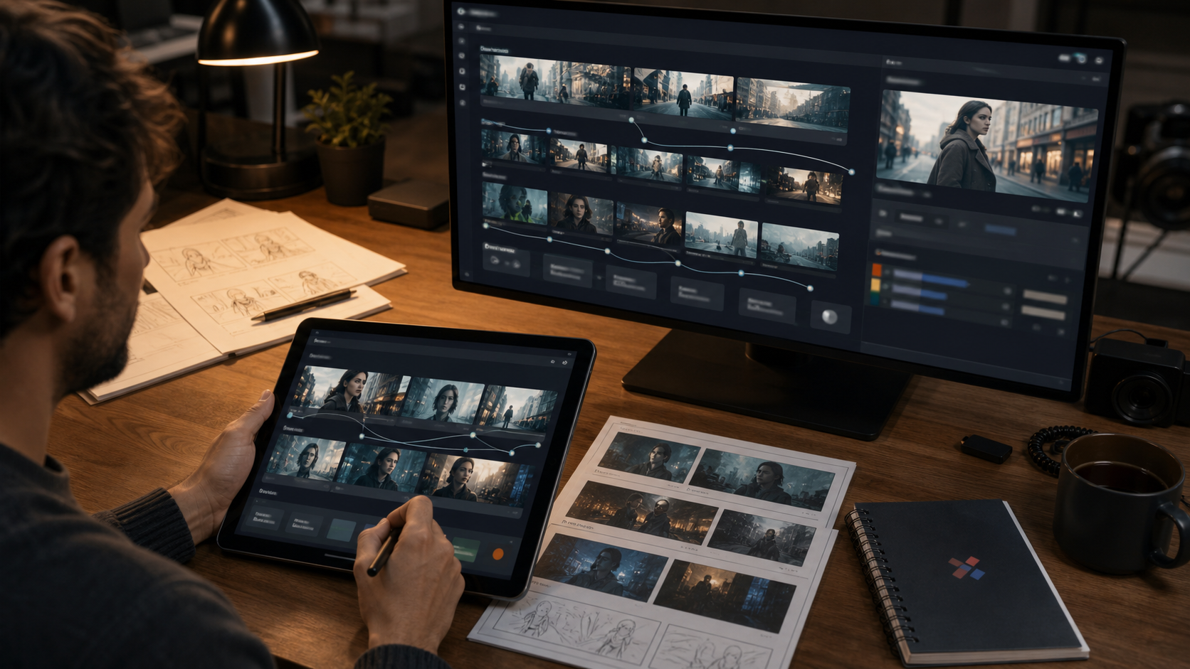 Creative producer arranging storyboard frames and shot variations for AI-generated video